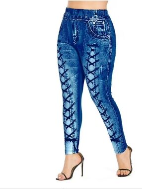 Blue Tie-Dye Lace-Up Detail Leggings
